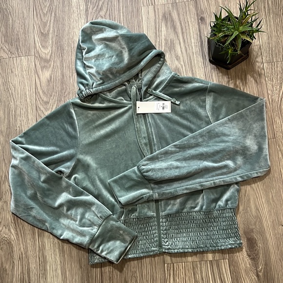 Francesca’s Mya Velour Full Zip Hoodie in Sage Green - Picture 10 of 14